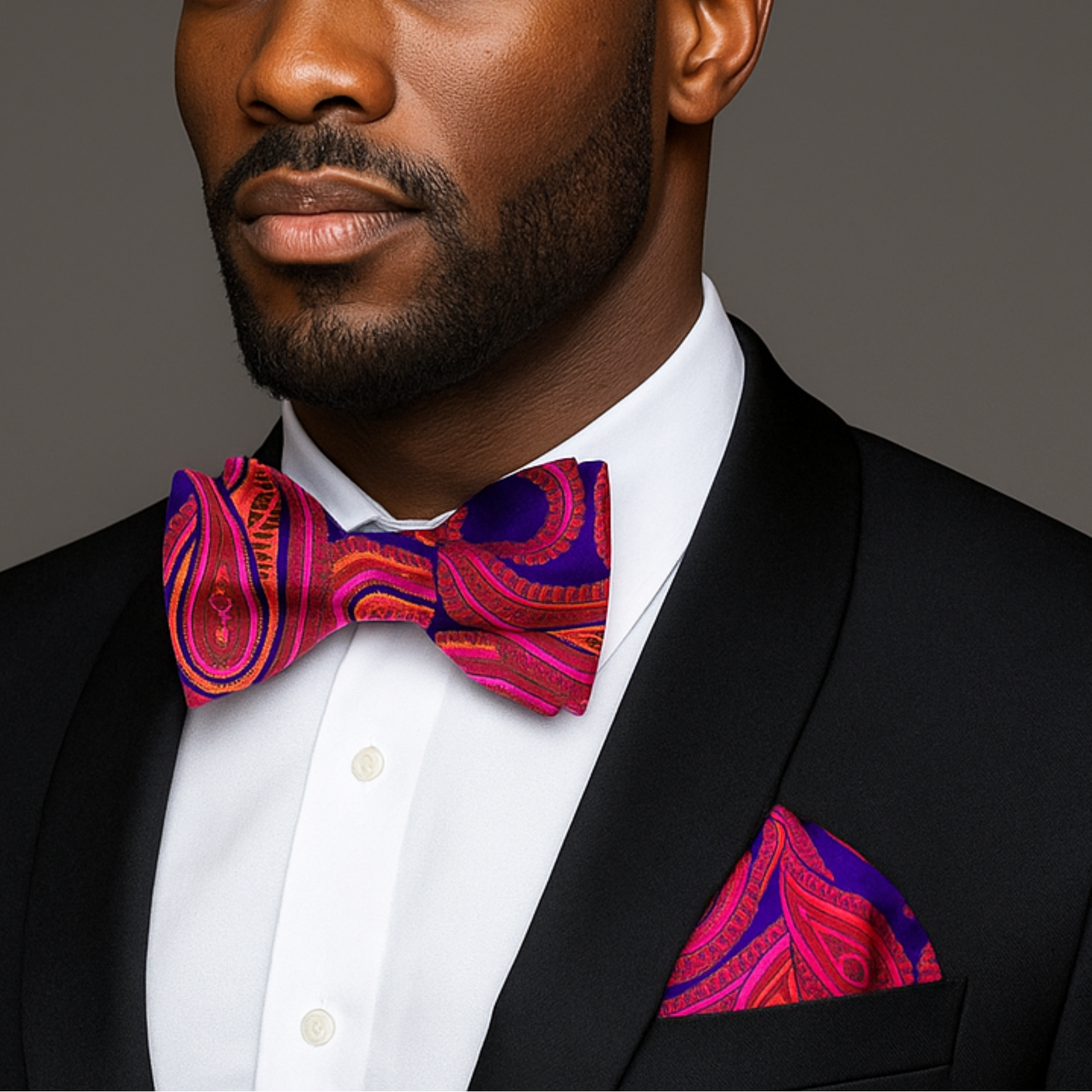 Man wearing a black suit with a colorful red, pink and orange paisley bow tie and pocket square on a gray background