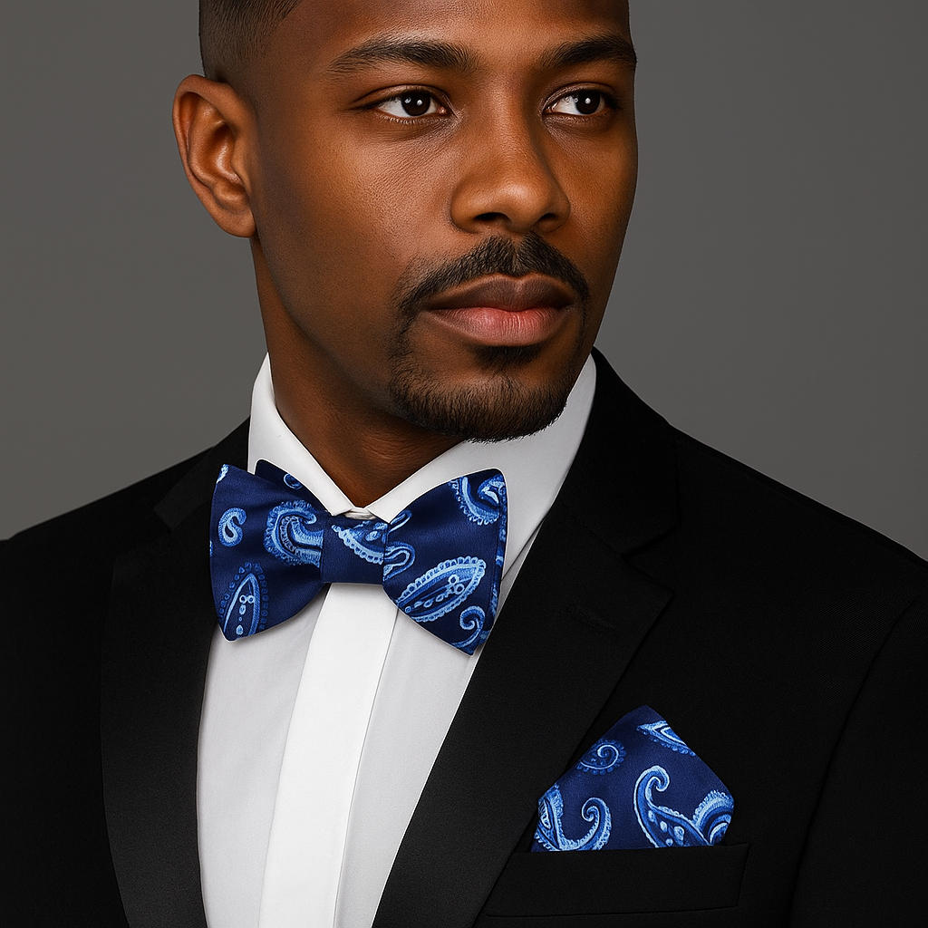 Man wearing a black suit with a blue paisley bow tie and pocket square on a gray background