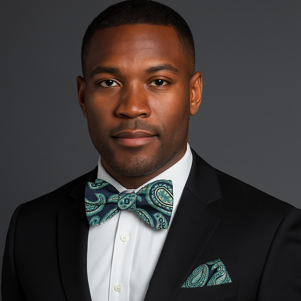 Man wearing a black suit with a white shirt and green paisley bow tie and pocket square on a gray background
