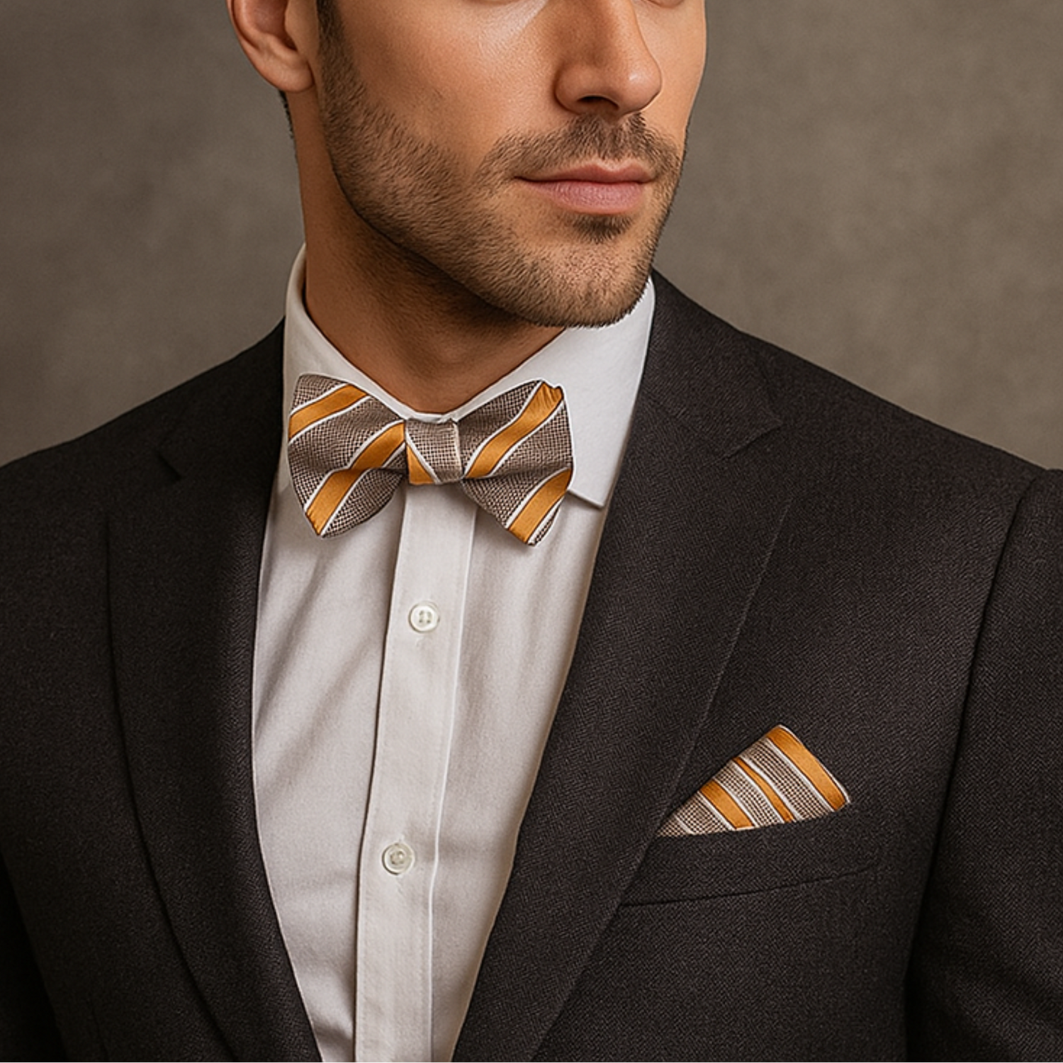 Man wearing a black suit with a brown, caramel stripe bow tie and pocket square against a brown background