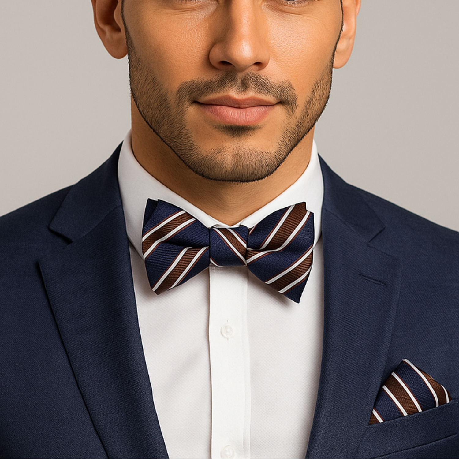 Man Wearing Dark Blue, Brown Stripe Bow Tie and Square