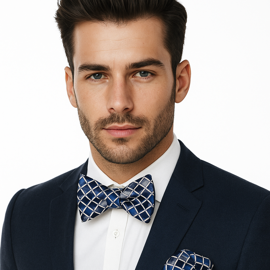 Man wearing a navy suit with a blue check patterned bow tie and pocket square on a white background