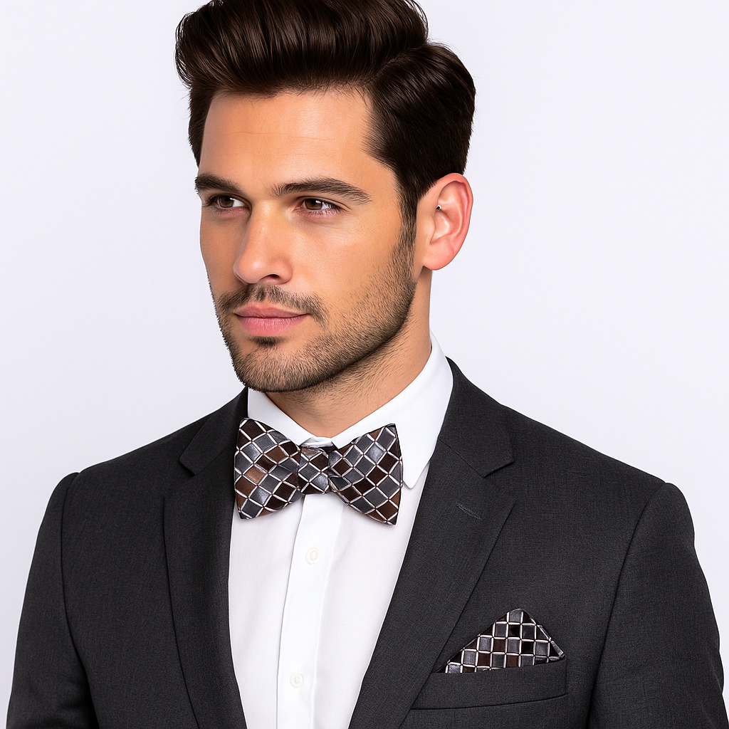 Man wearing a black suit with a patterned brown and grey check bow tie and pocket square on a light gray background