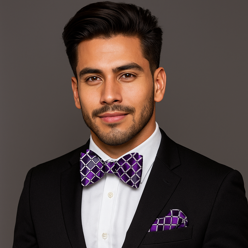 Man wearing a black suit with a purple check bow tie and pocket square on a gray background