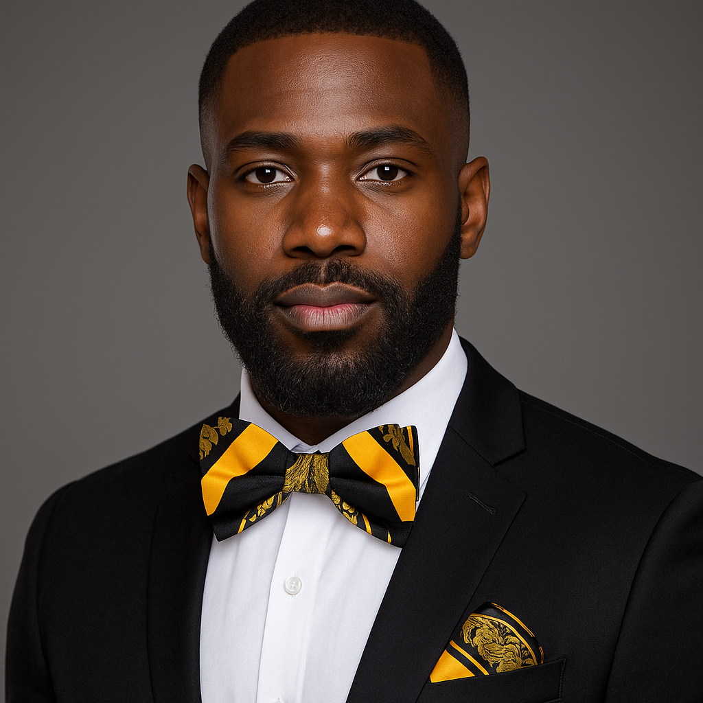 Man wearing a black suit with a yellow and black floral and stripe bow tie and pocket square against a gray background