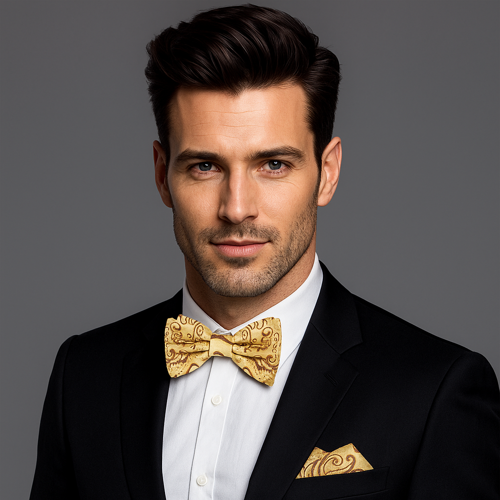 Man wearing a black suit with a gold paisley bow tie and pocket square on a gray background