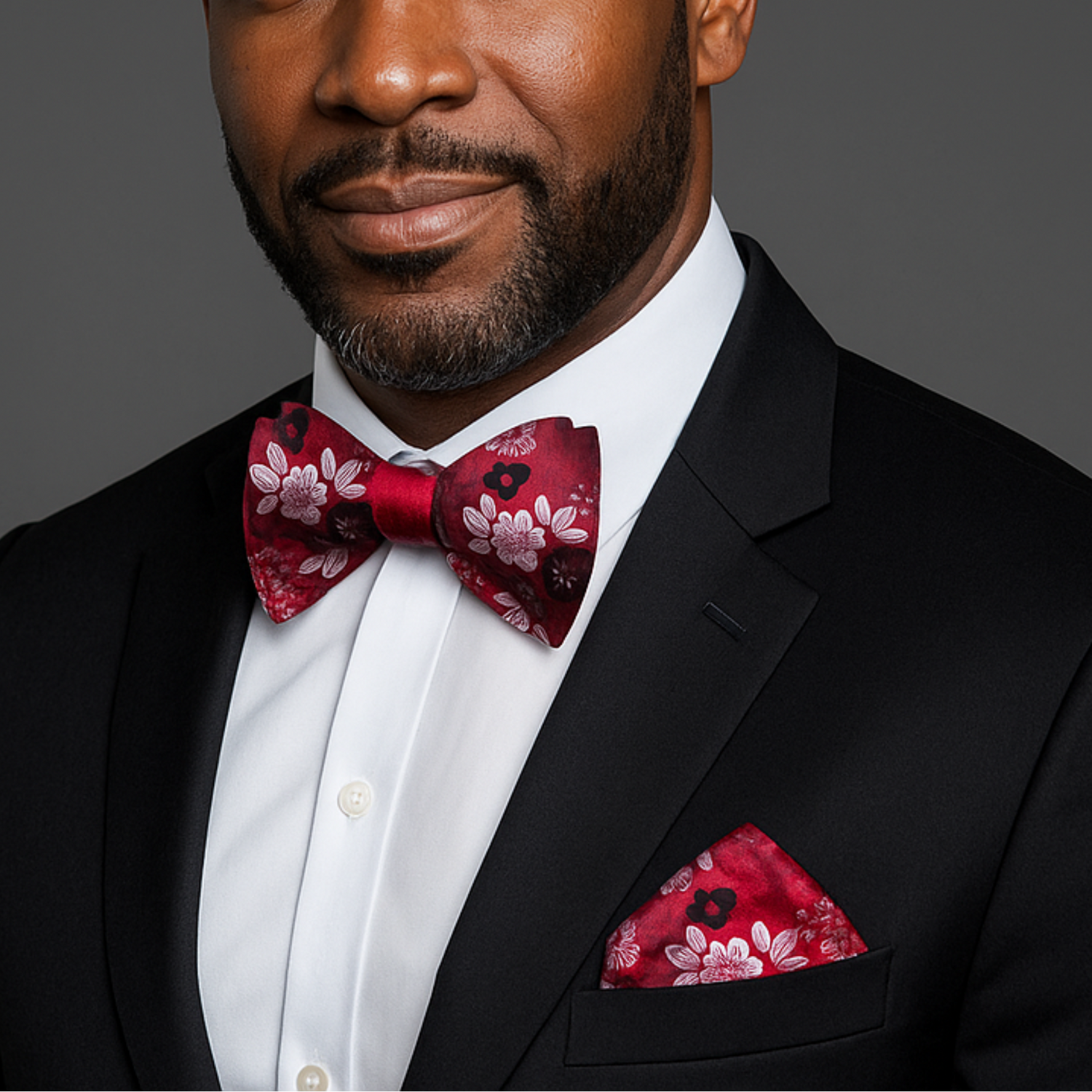Man wearing a black suit with a red and black floral bow tie and pocket square on a gray background