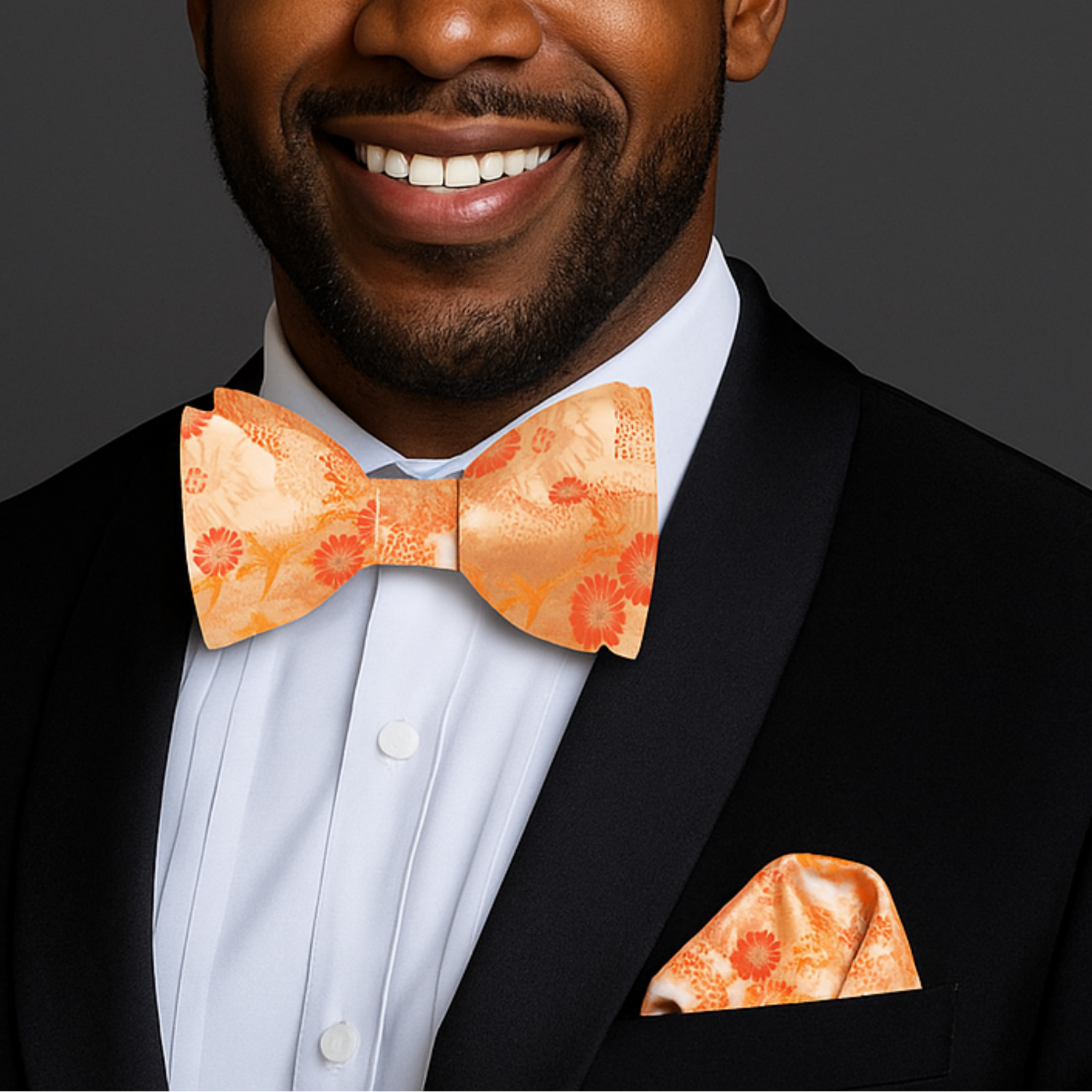 Man wearing a black suit with an orange floral bow tie and pocket square on a dark background