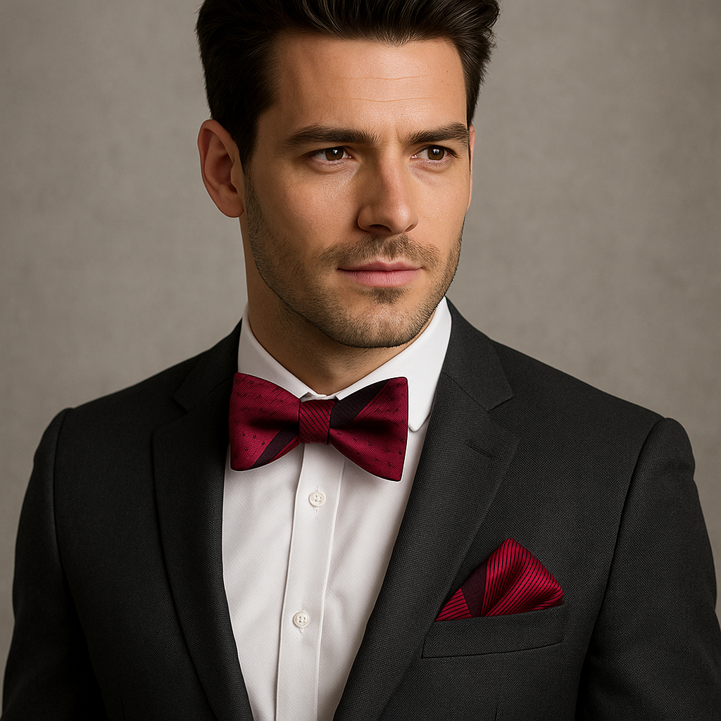 Man wearing a black suit with a white shirt and red bow tie and pocket square against a neutral background