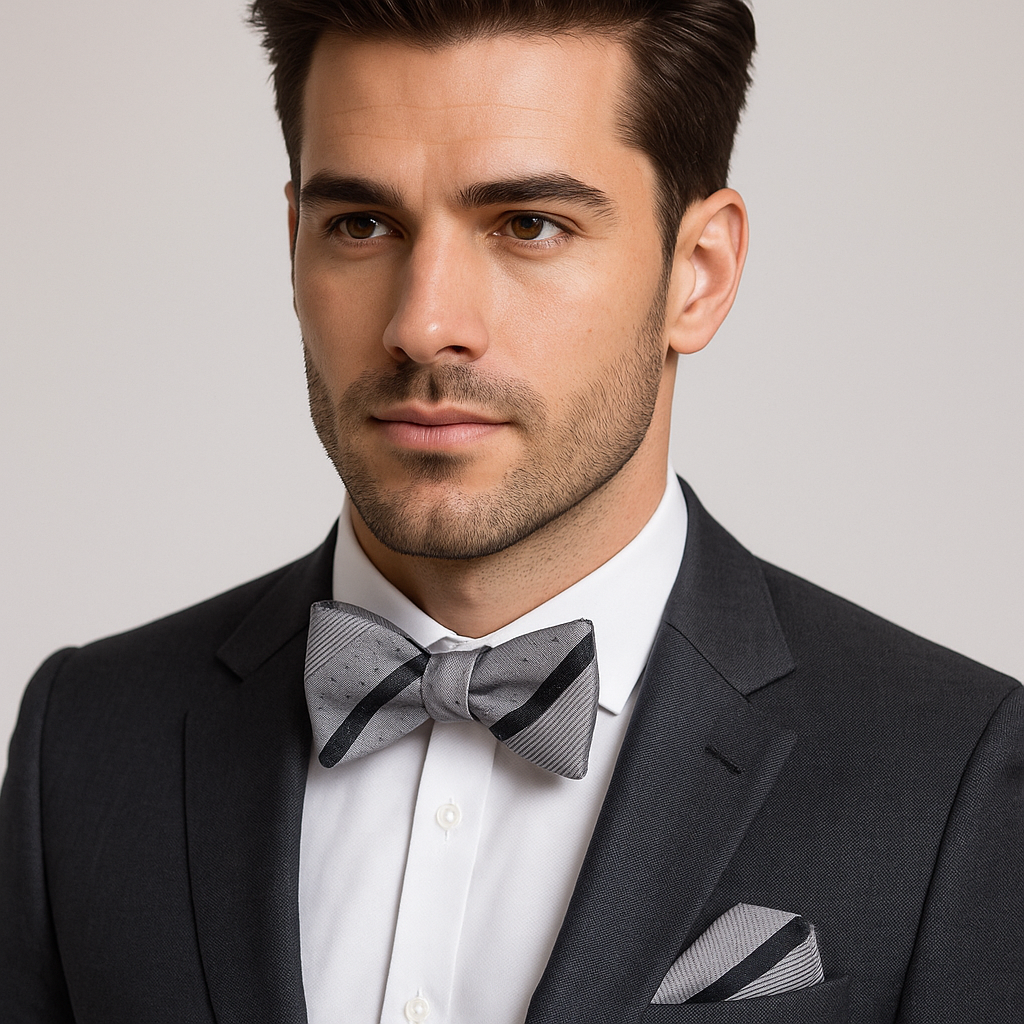 Man wearing a black suit with a white shirt and gray and black stripe bow tie against a plain background