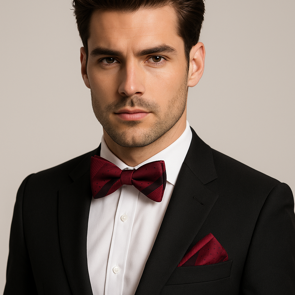 Man wearing a black suit with a white shirt and red bow tie and pocket square against a neutral background 2