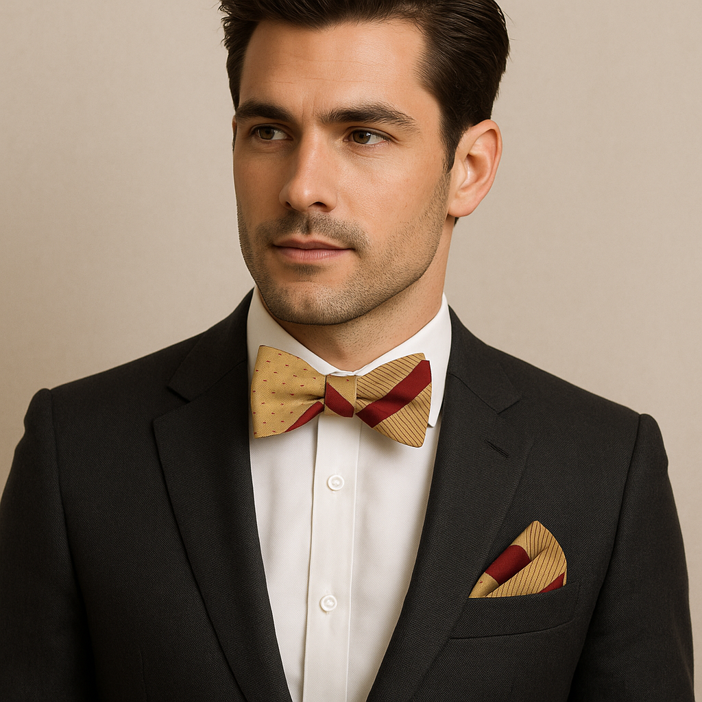 Man wearing a black suit with a patterned gold and red stripe bow tie and pocket square on a beige background
