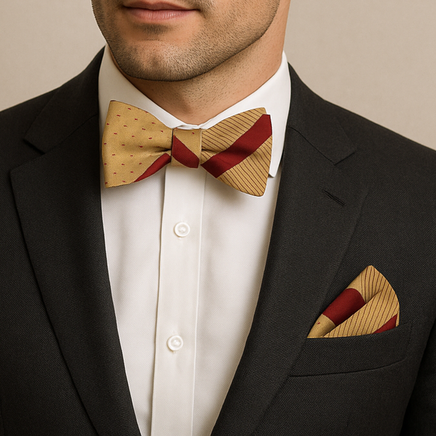 Man wearing a black suit with a red and gold bow tie and matching pocket square.