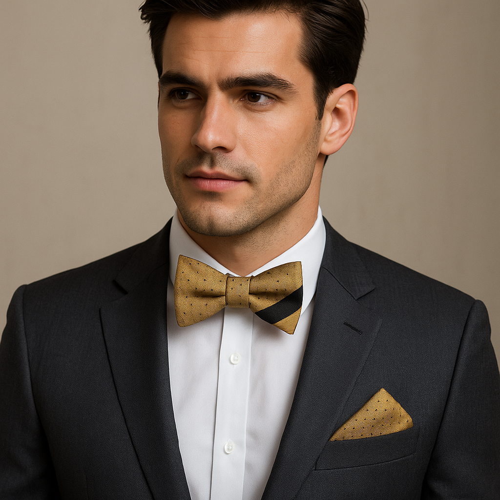 Man wearing a black suit with a gold stripe bow tie and pocket square against a beige background