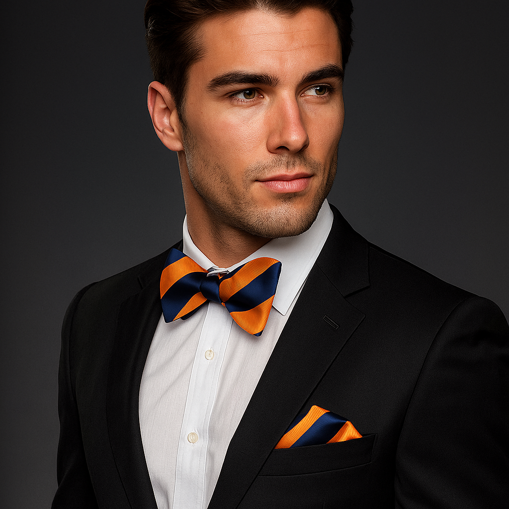 Man wearing a black suit with an orange and blue stripe bow tie and pocket square on a dark background