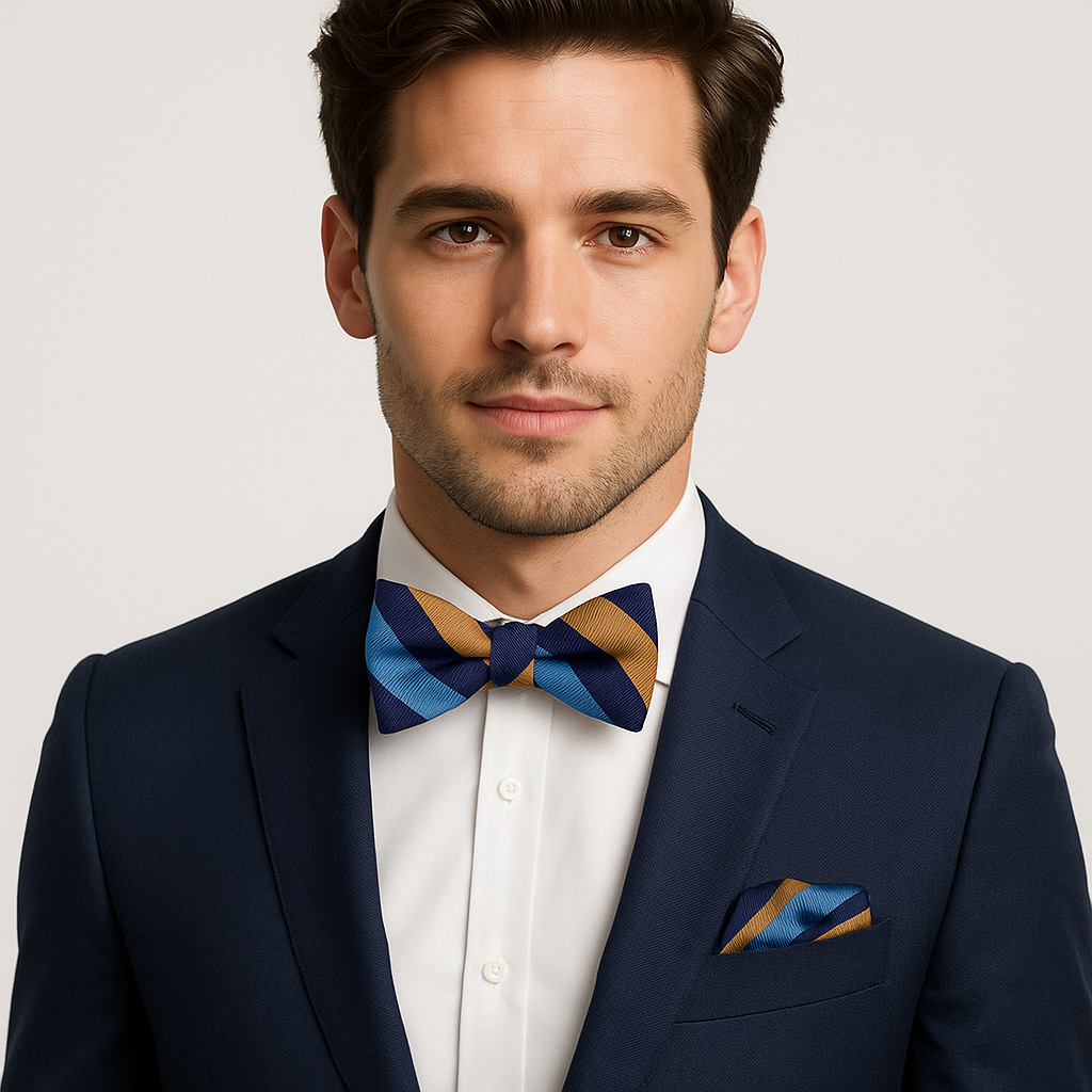 Man wearing a navy suit with a blue and gold stripe bow tie and pocket square on a light gray background