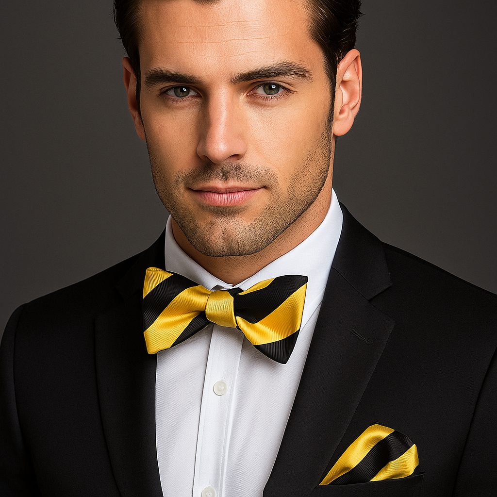 Man wearing a black suit with a yellow and black stripe bow tie and pocket square on a dark background