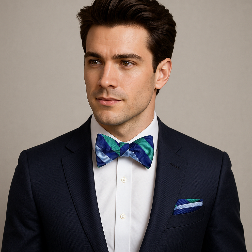Man wearing a navy suit with a colorful blue and green stripe bow tie and pocket square against a neutral background