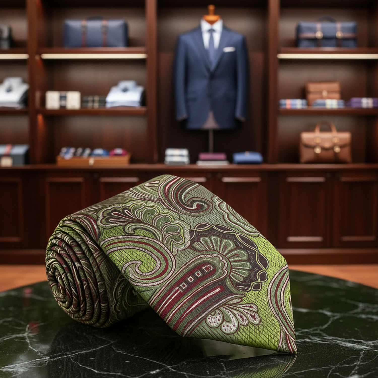 Rolled-up green and burgundy paisley tie on a dark surface with flowers in the background