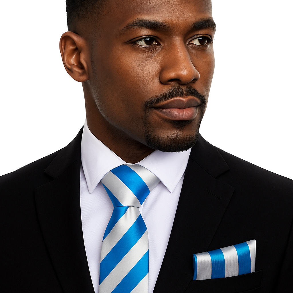 Man wearing a black suit with a blue and white striped tie and pocket square on a white background