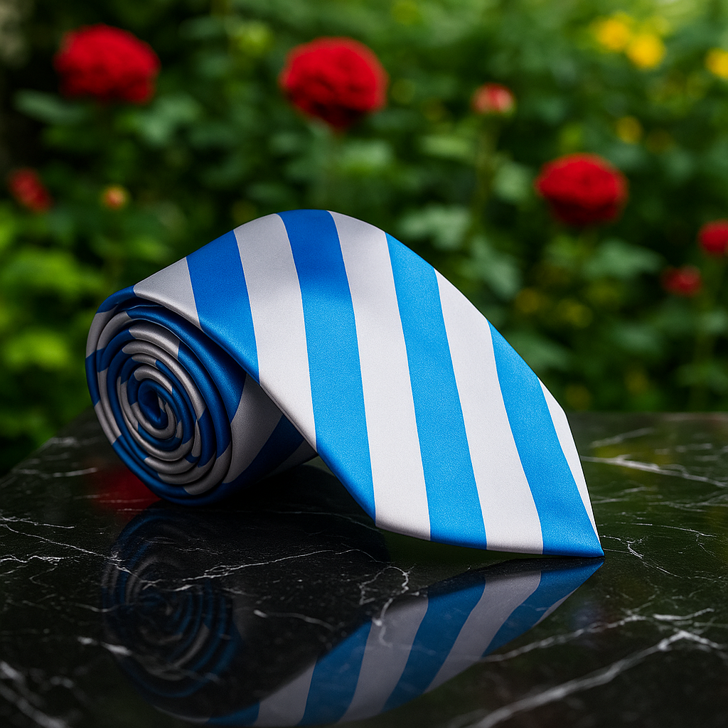 Rolled blue and white striped tie on a dark surface with blurred red flowers in the background
