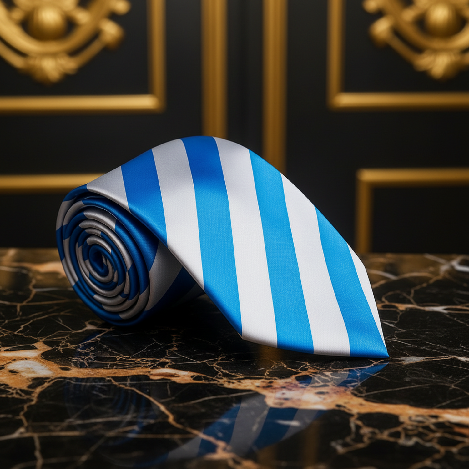 Rolled blue and white striped tie on a dark surface with blurred red flowers in the background