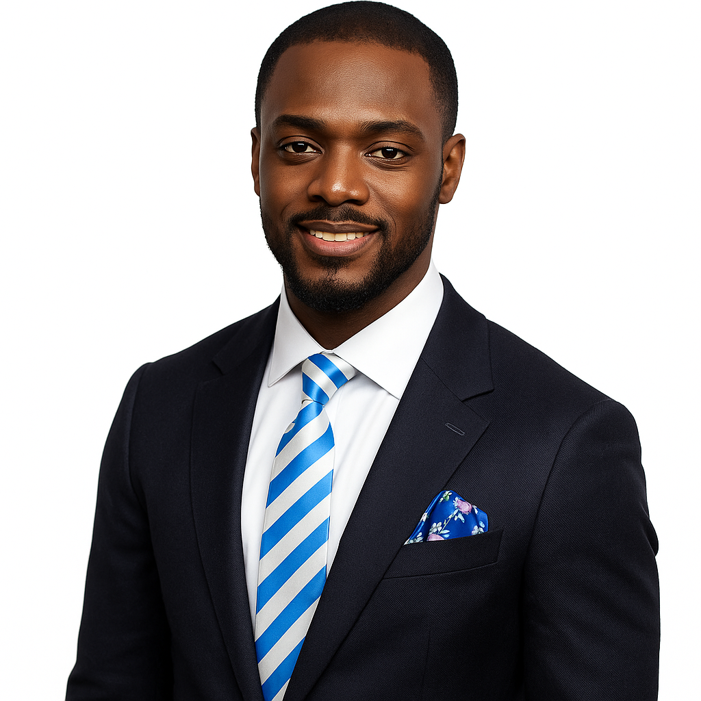 Man wearing a dark suit with a blue and white striped tie and pocket square on a white background