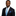 Man wearing a dark suit with a blue and white striped tie and pocket square on a white background