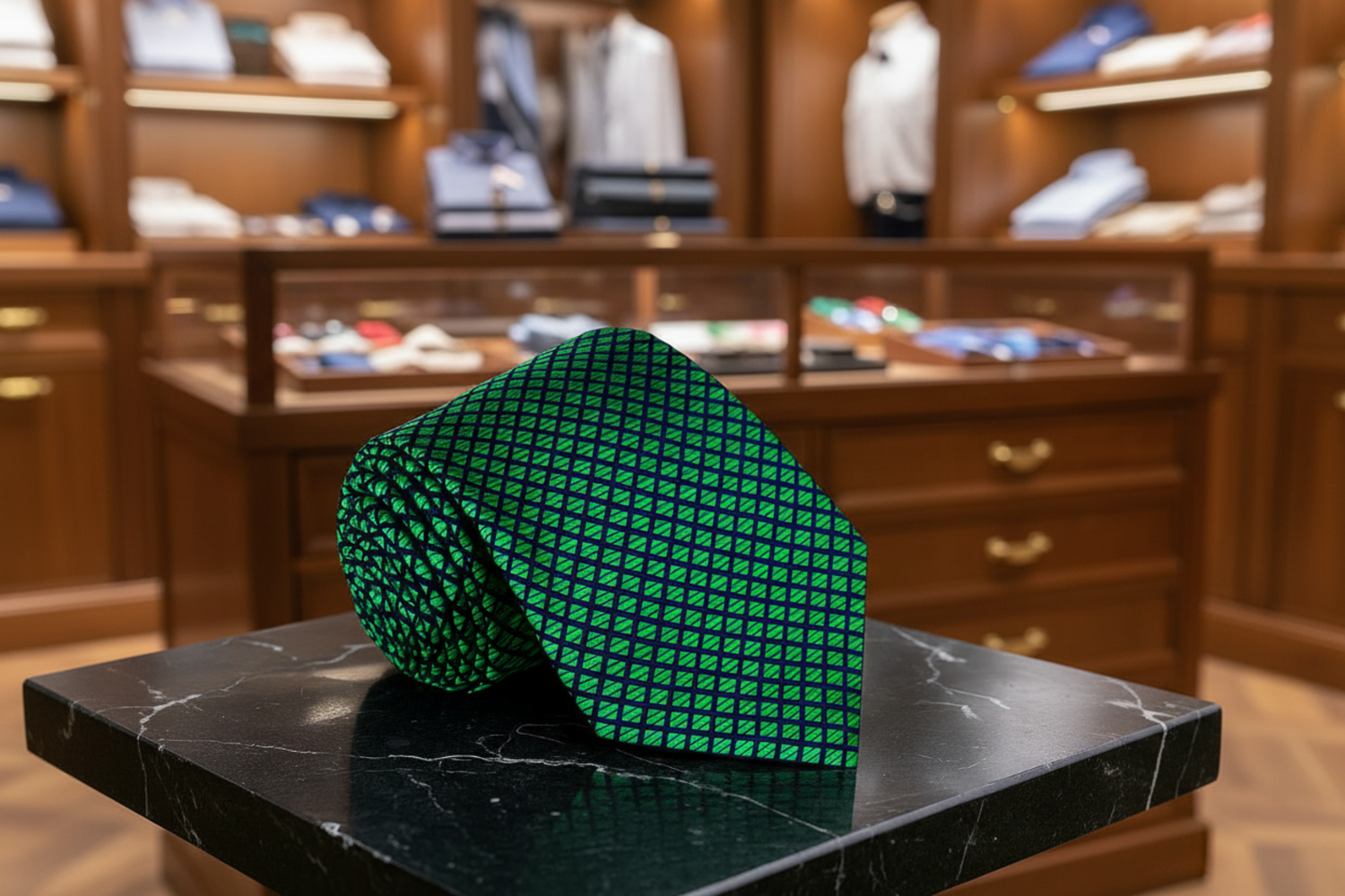 Green patterned tie on a black marble surface with flowers in the background