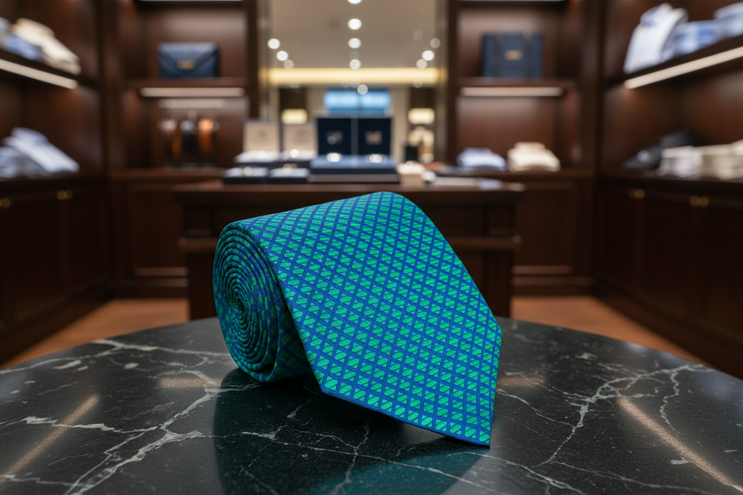 A Teal, Blue Small Check Pattern Necktie 
