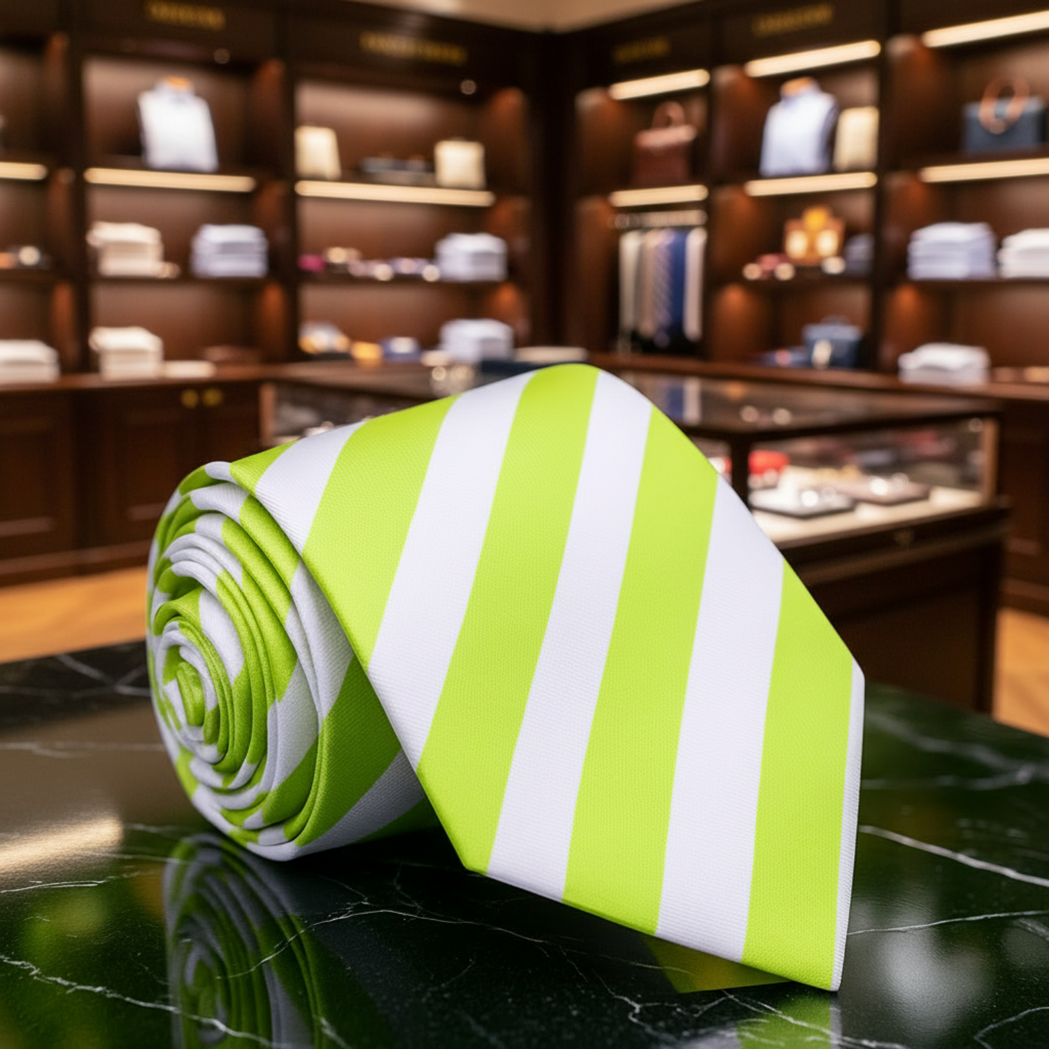Rolled green and white striped tie on a reflective surface with flowers in the background