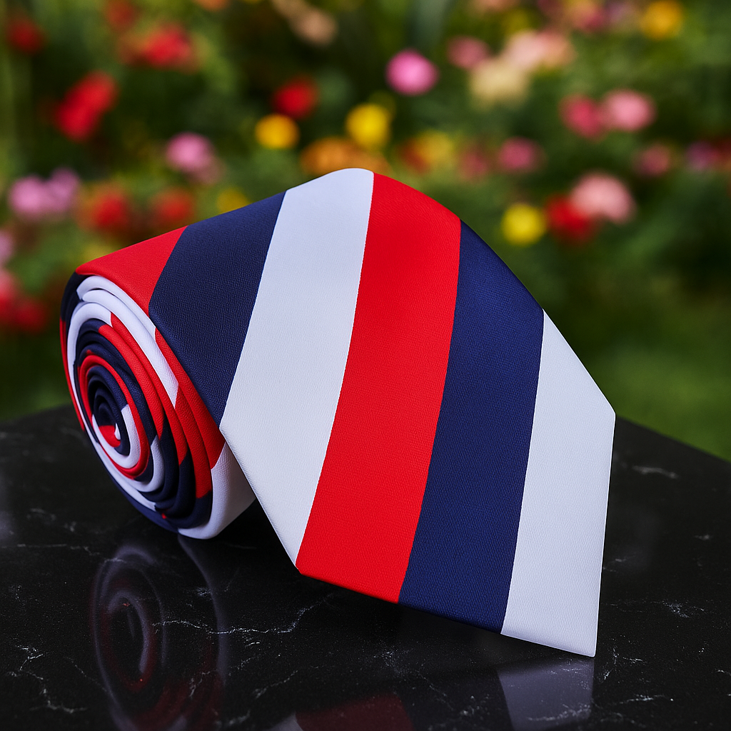 A Dark Blue, Red White Stripe Pattern Necktie