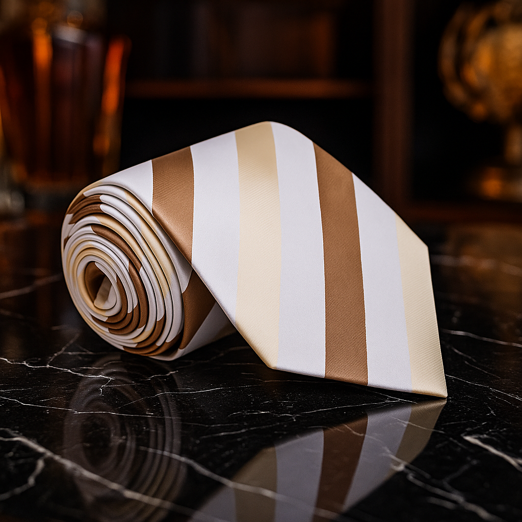 Rolled-up striped tie with brown and beige pattern stripe on a reflective surface