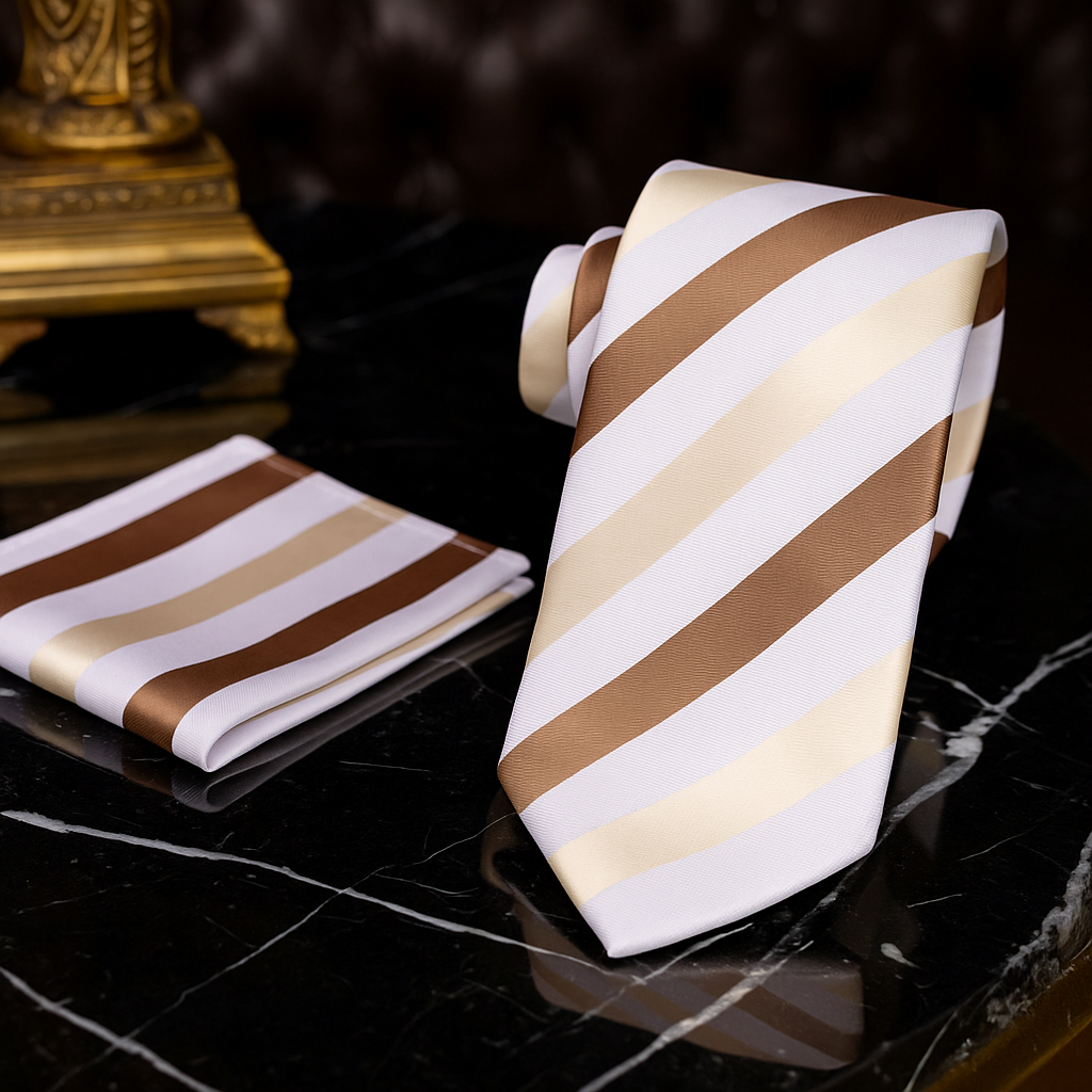 Alt View: A Brown, Light Brown, White Stripe Pattern Silk Necktie, Pocket Square