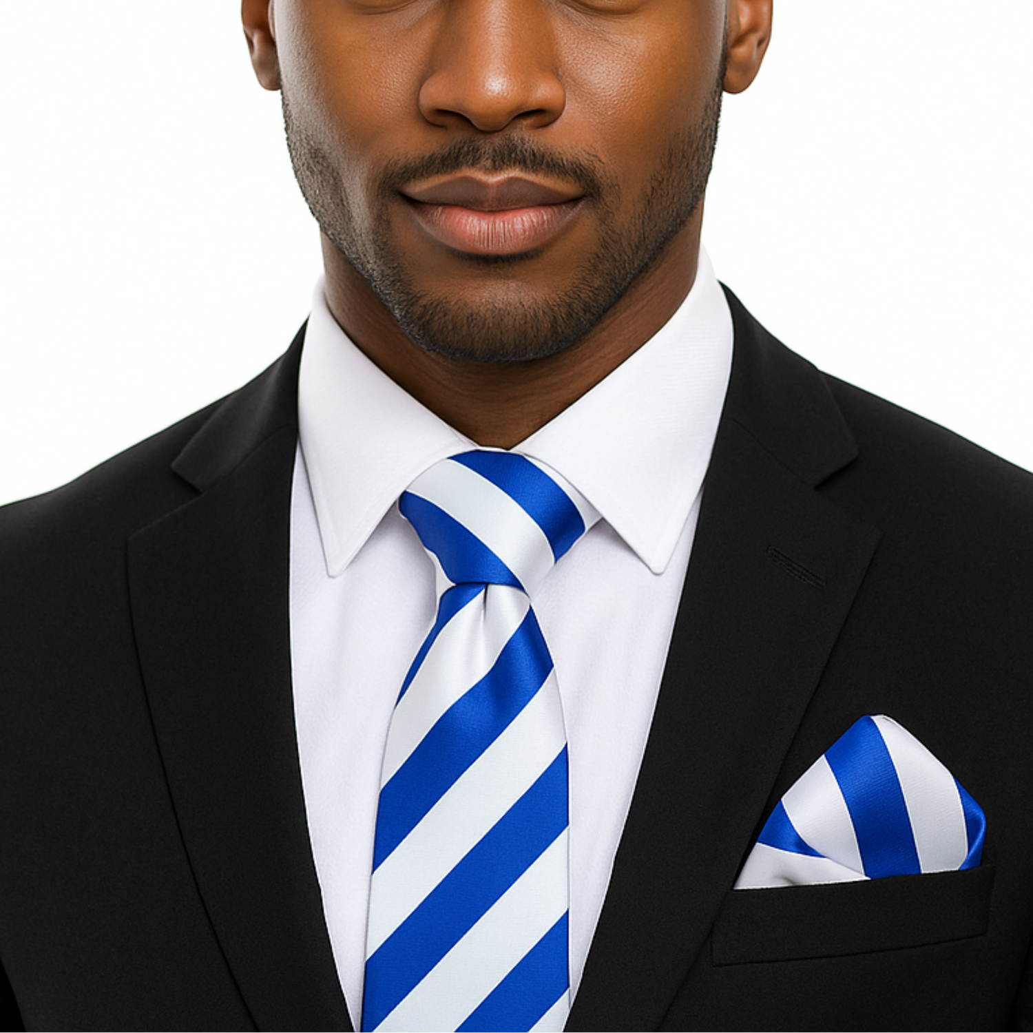 Man wearing a black suit with a blue and white striped tie and pocket square on a white background