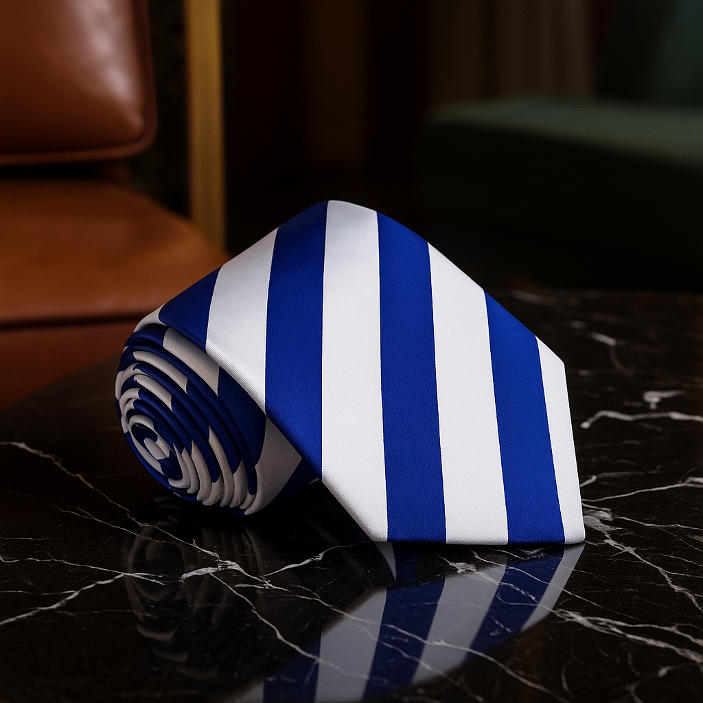 Blue and white striped tie on a dark marble surface