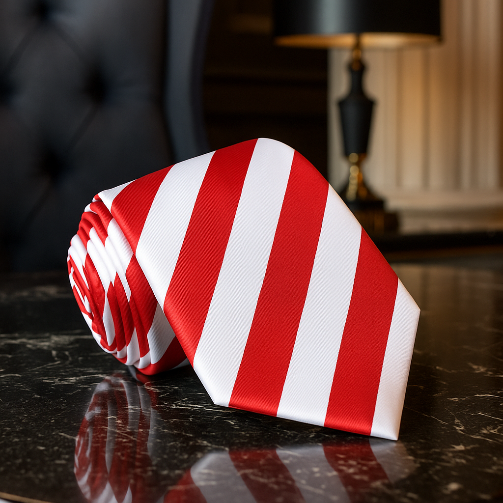 Red and white striped tie on a dark surface with a blurred background