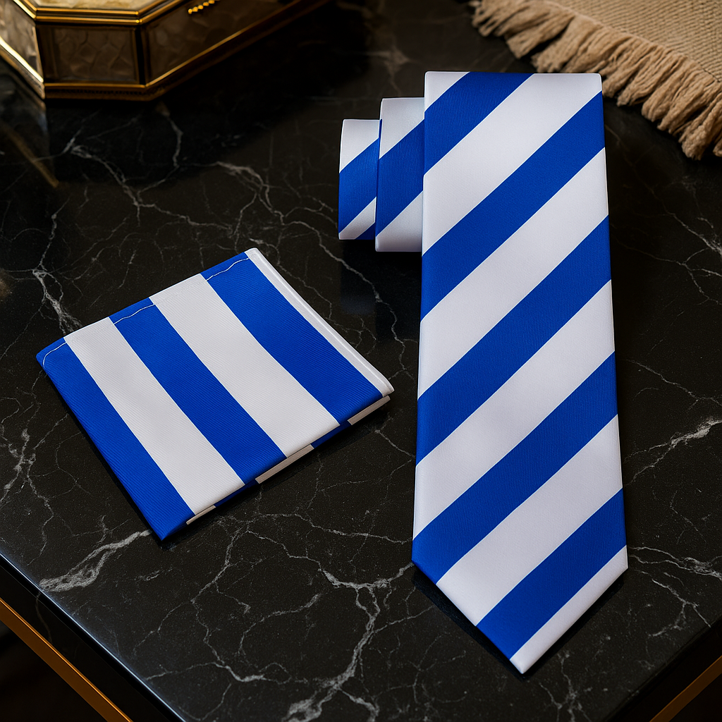 Blue and white striped tie and pocket square on a dark marble surface