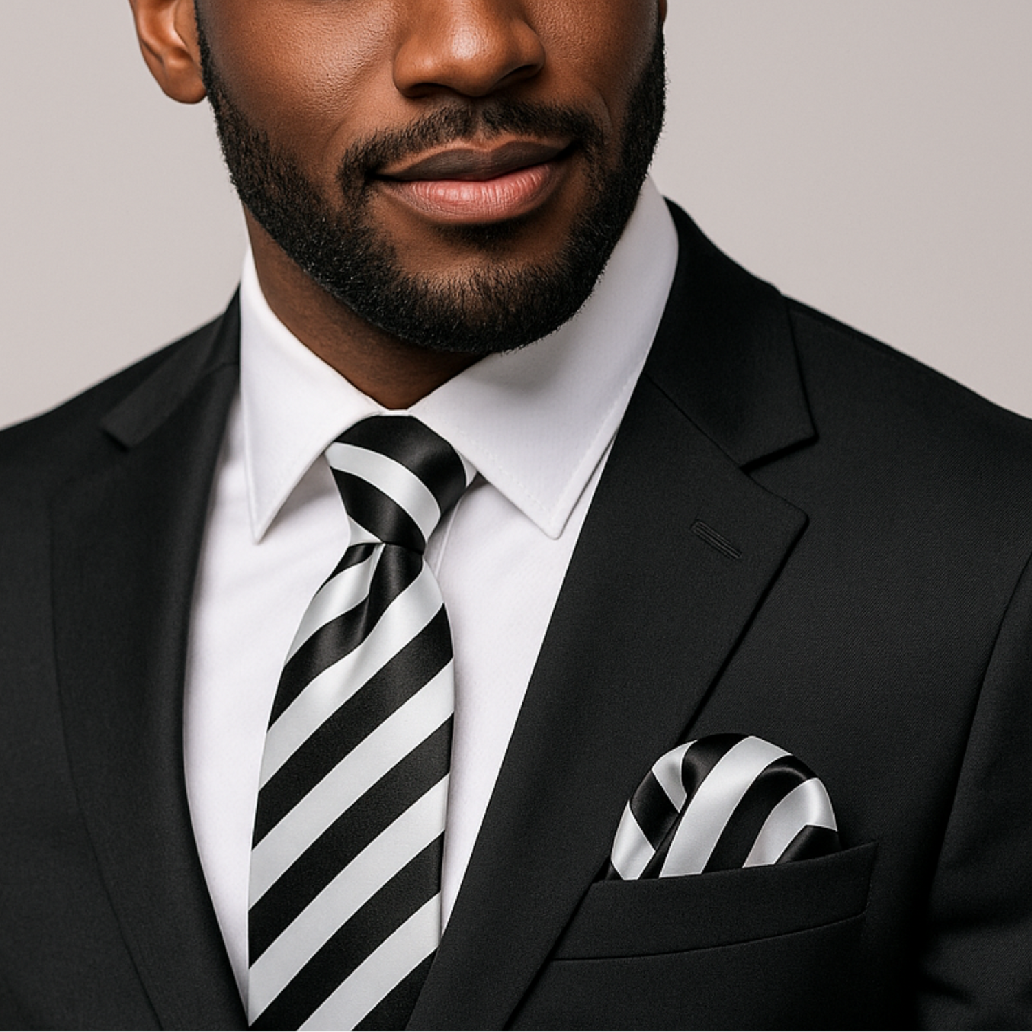 Man wearing a black suit with a striped tie and pocket square on a plain background