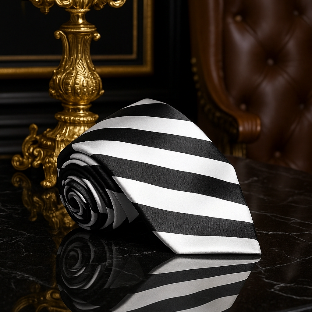 Black and white striped tie on a reflective surface with ornate gold lamp and leather chair in the background.