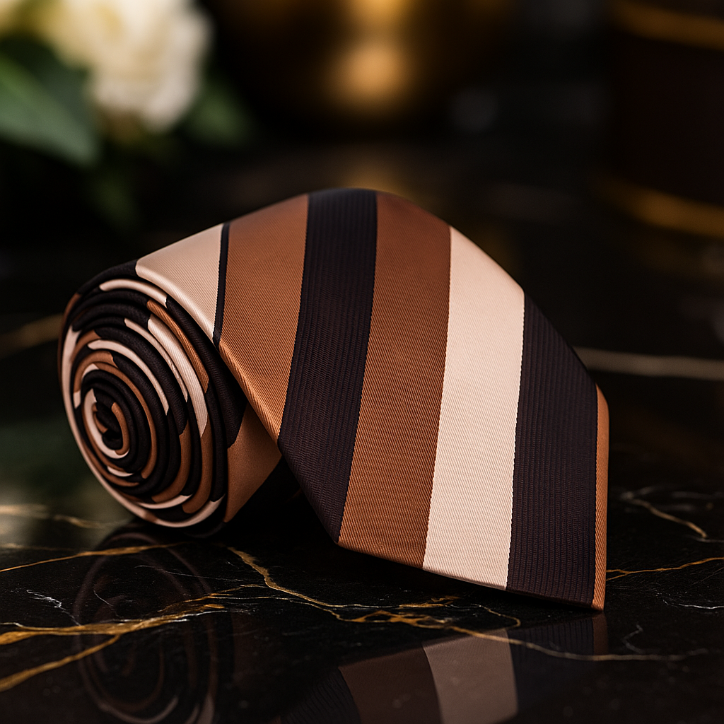 Rolled-up striped tie with brown, beige, and black pattern on a reflective surface.