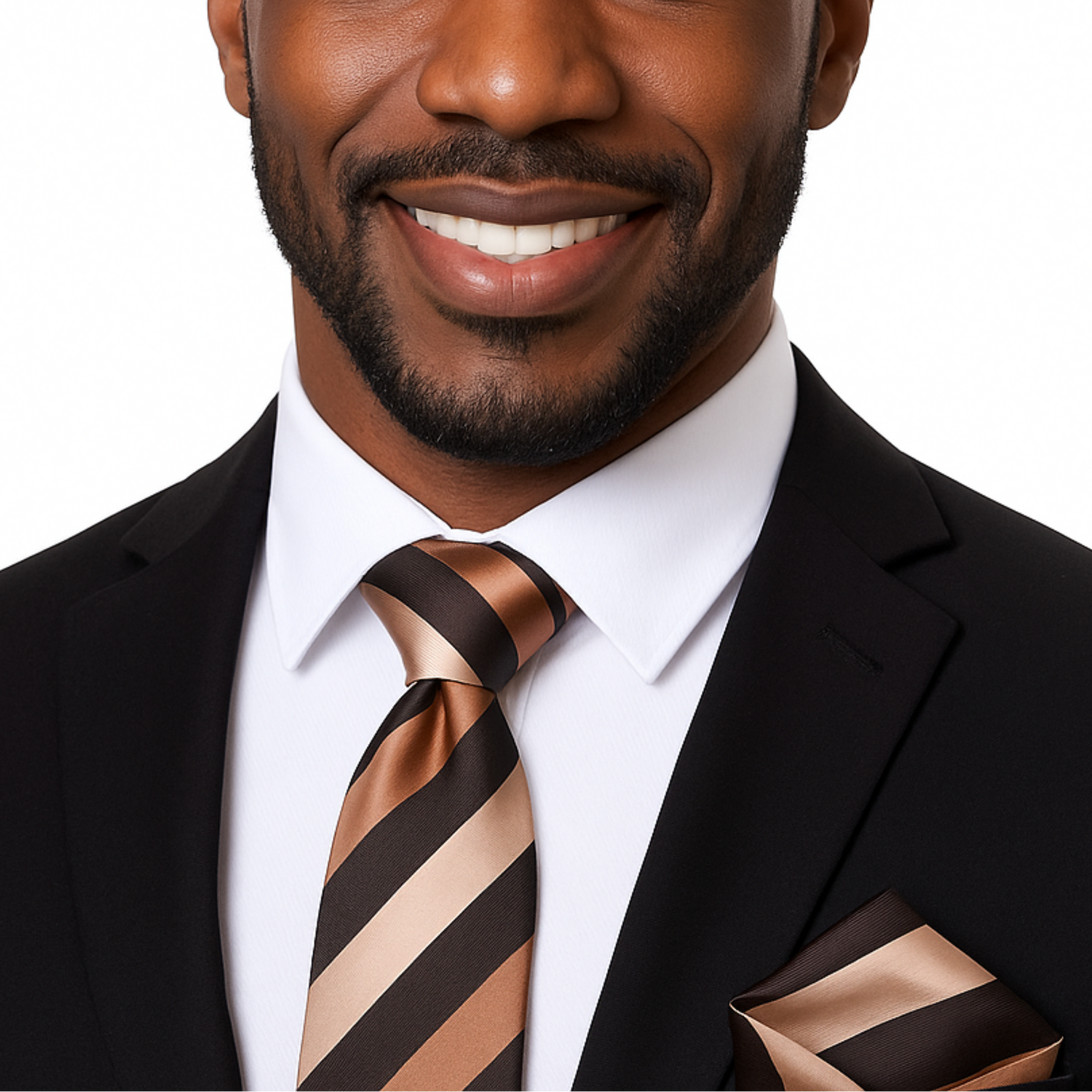 Man wearing a black suit with a brown striped tie and pocket square on a white background
