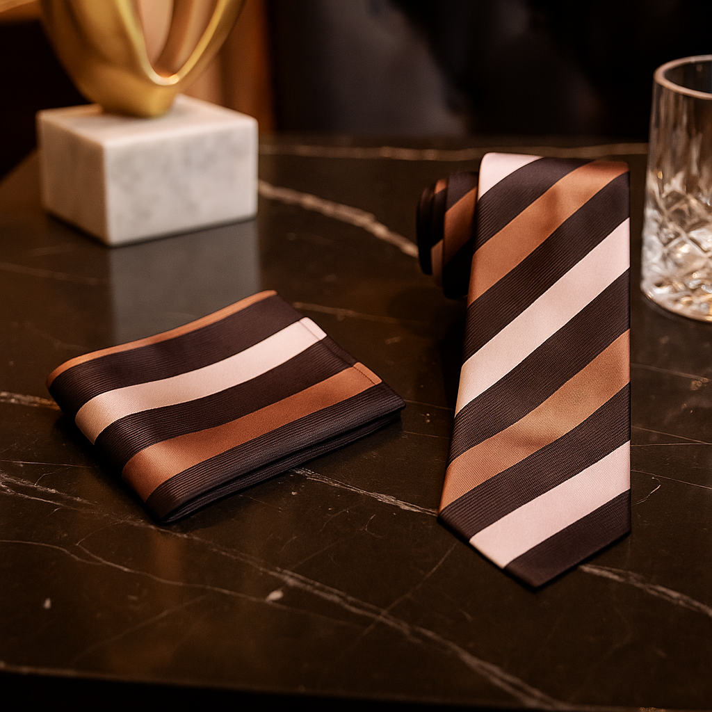 Brown Striped tie and pocket square on a dark surface with decorative items in the background