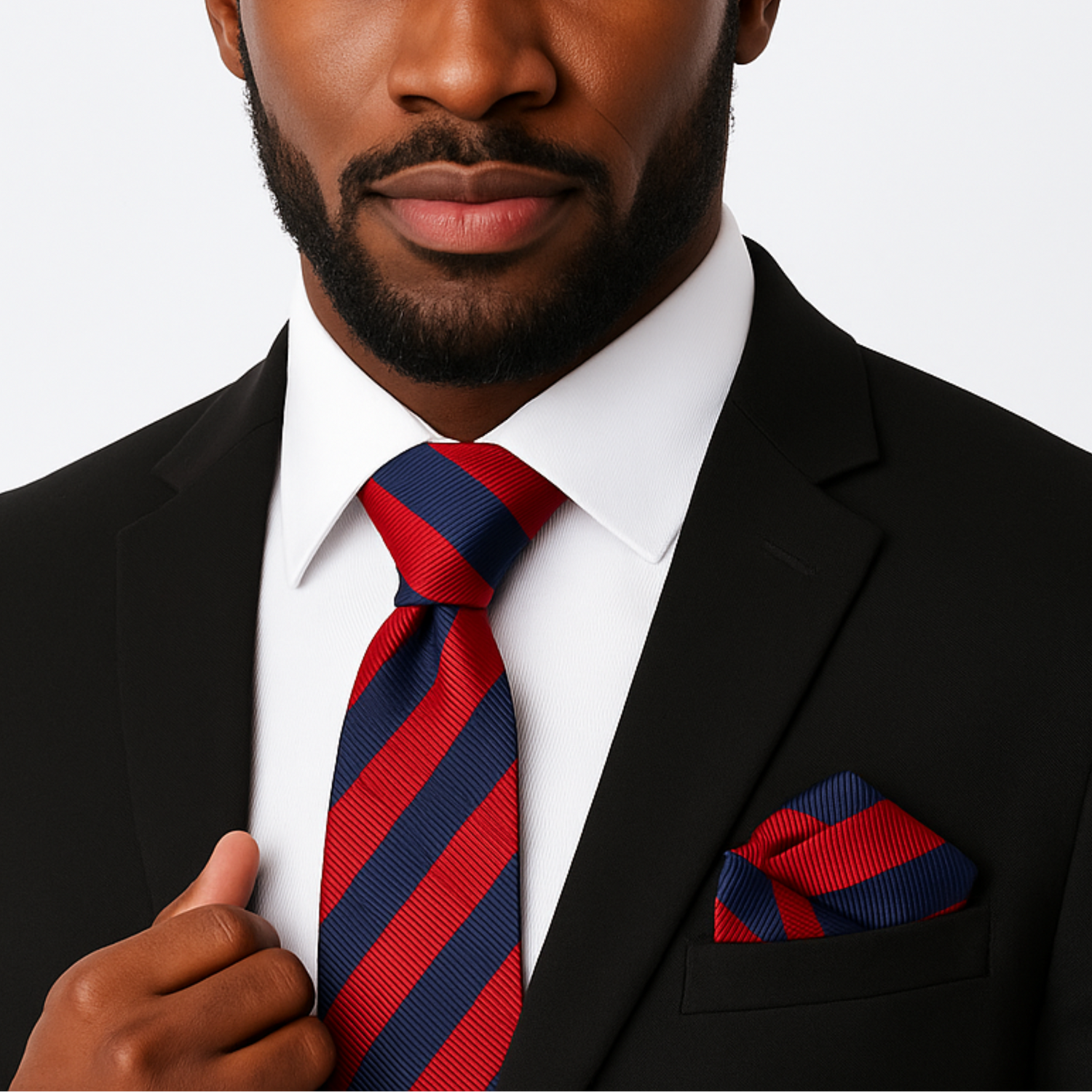 Man wearing a black suit with a red and blue striped tie and matching pocket square on a gray background