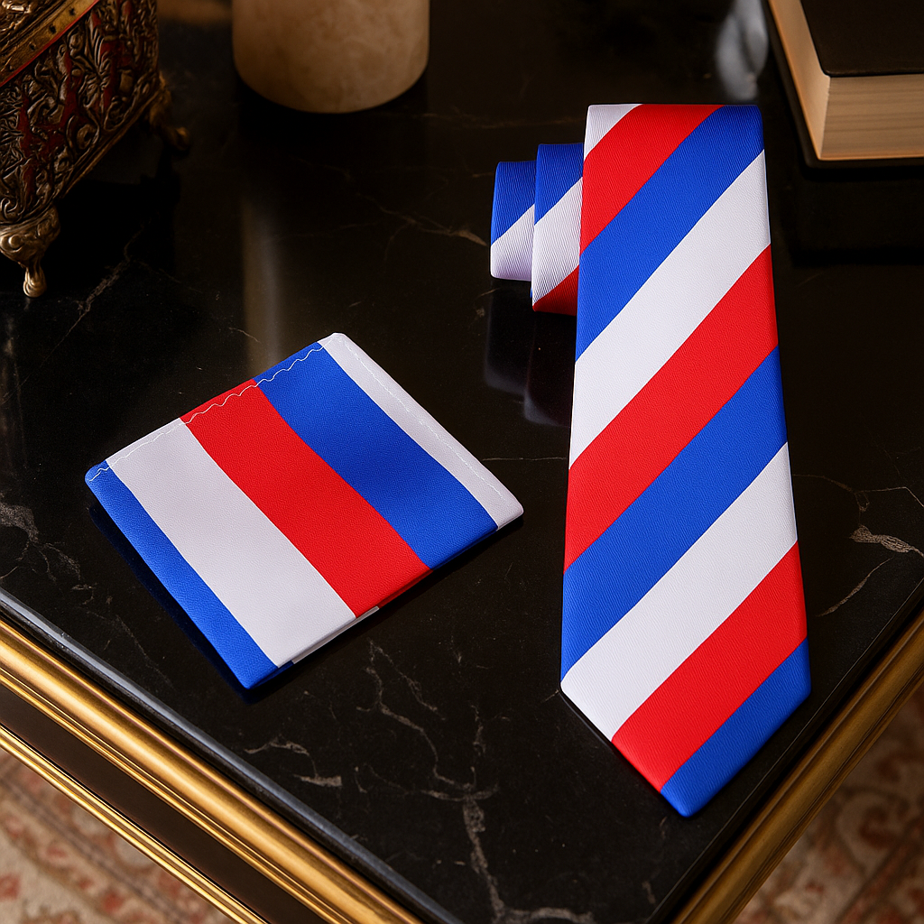 Red, white, and blue striped tie and squ on a dark surfacere