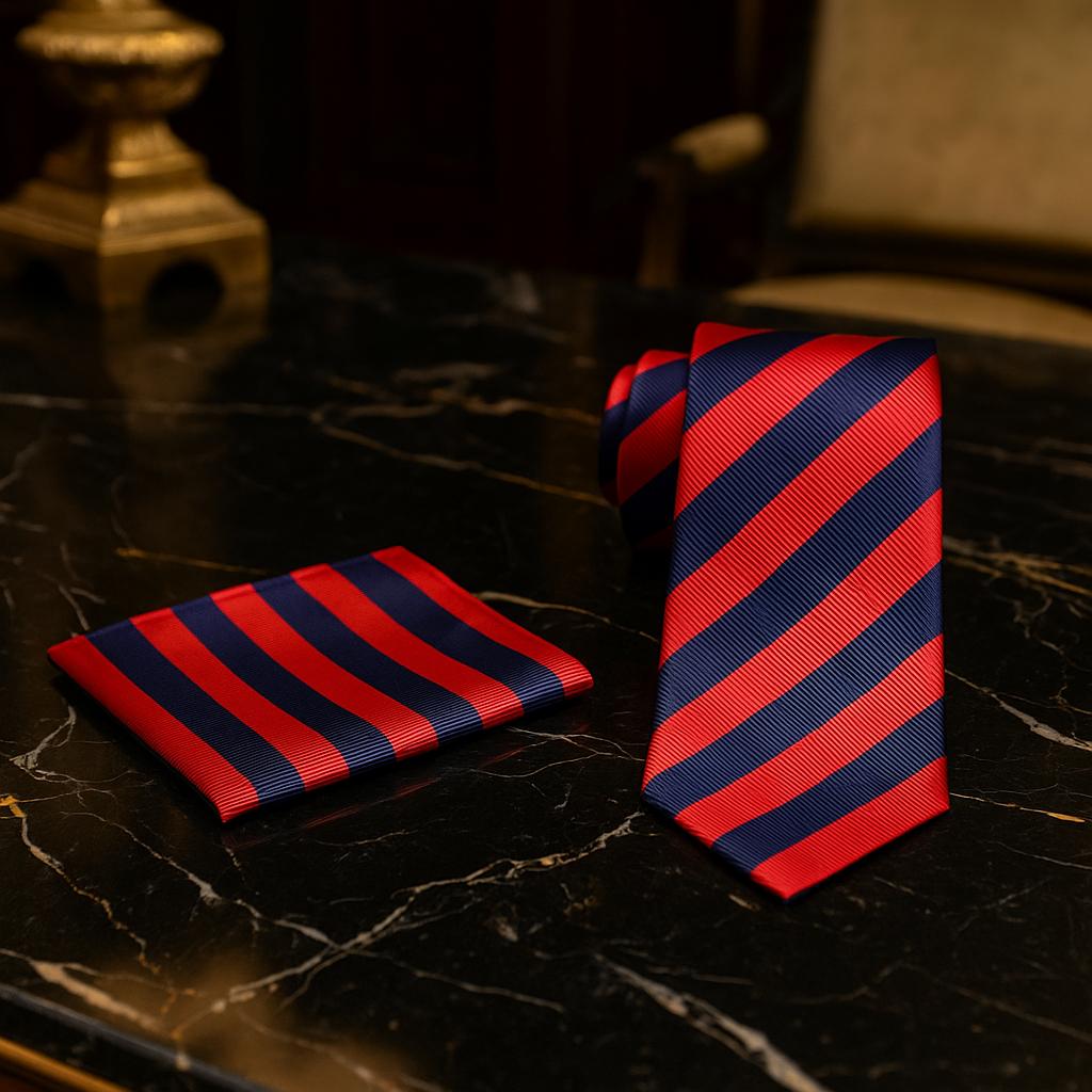 Red and blue striped tie and pocket square on a dark marble surface