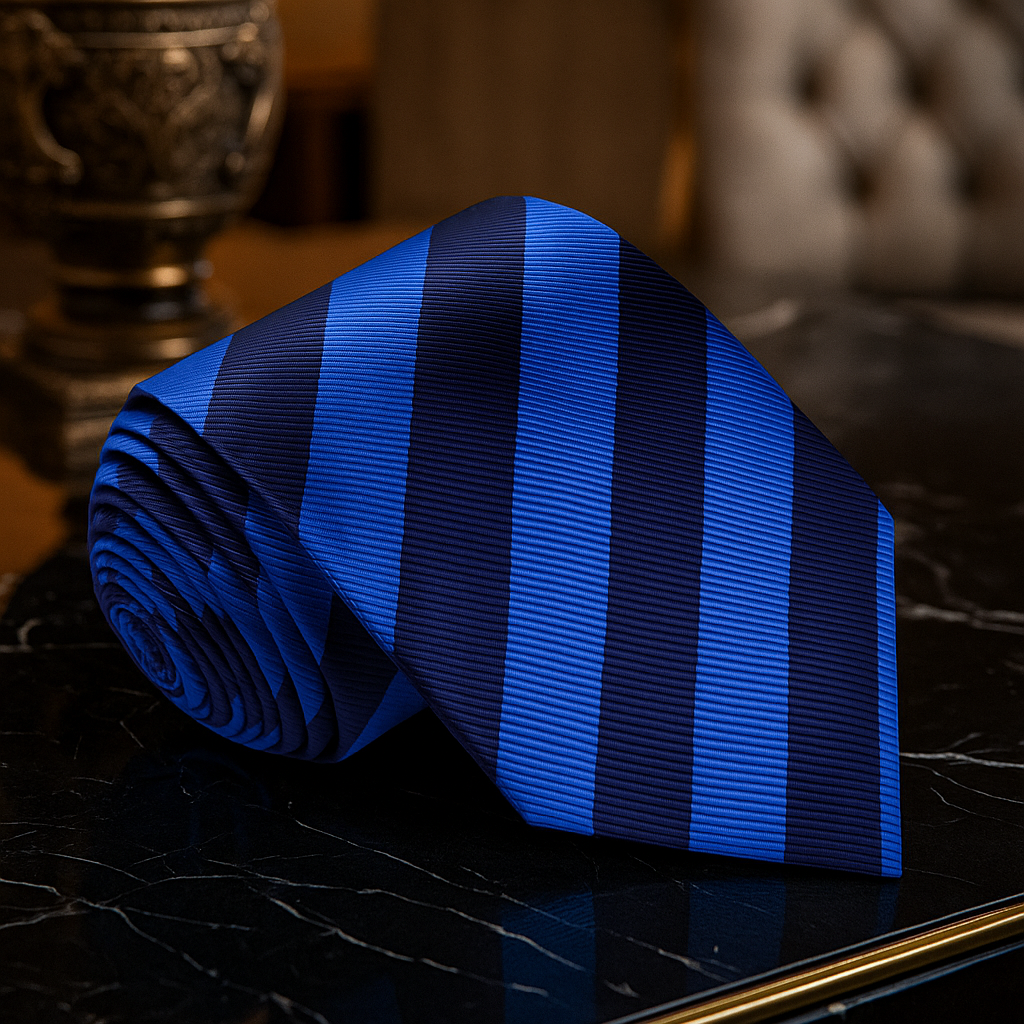 Blue striped tie on a dark surface with a blurred background