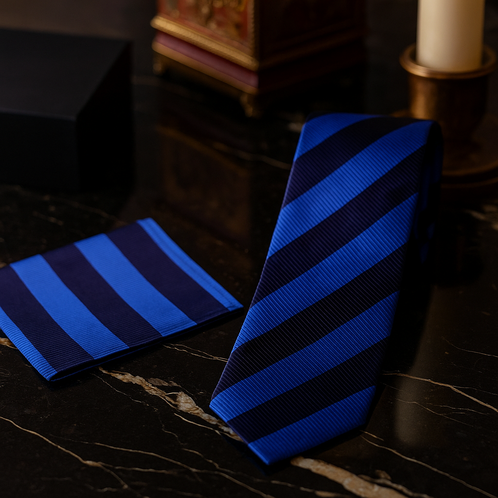 Blue striped tie and pocket square on a dark surface