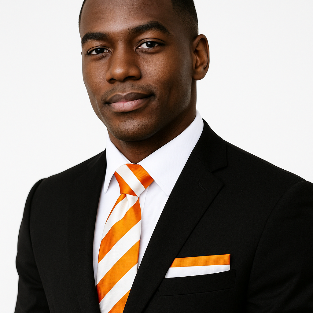 Man wearing a black suit with an orange and white striped tie on a plain background