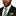 Man wearing a black suit with a yellow and blue striped tie and pocket square on a white background